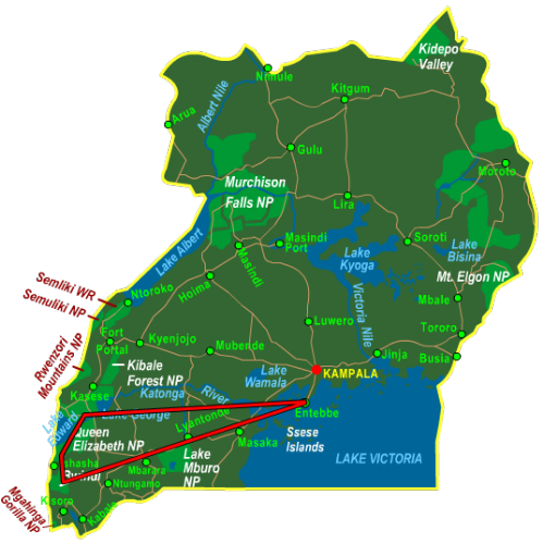 Map Bwindi & Queen Elizabeth National Park - Fly In (6 days)